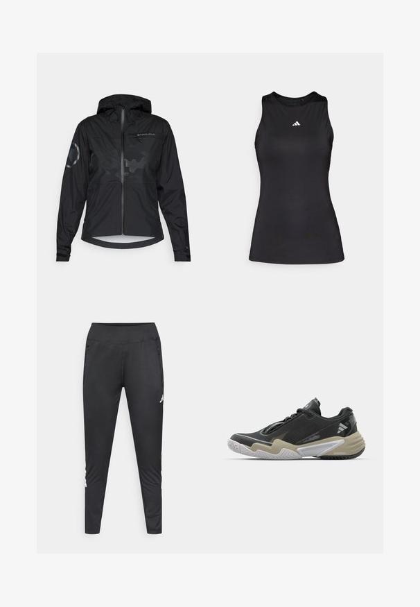 Zwarte waterdichte jas met capuchon, ritssluiting aan de voorkant en reflecterende accenten. Beschikt over een matte afwerking en een subtiel camouflagepatroon. Verstelbare manchetten.; Zwart mouwloos sporttop gemaakt van gladde stof. Heeft een ronde halslijn en een klein wit Adidas-logo op de borst.; Zwarte sportbroek van rekbare stof, met een aansluitend ontwerp, twee zijzakken met rits en een logo-accent op het onderste deel van het been.; Zwarte en beige sportieve schoen met een gestructureerde bovenkant, opvallend zoolontwerp, reflecterende accenten en vetersysteem. Lichtgewicht constructie.