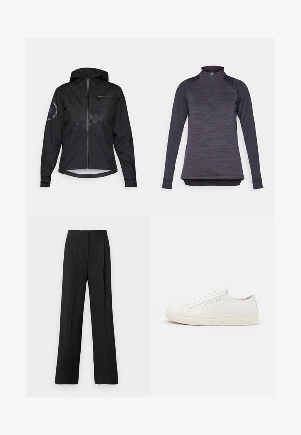 Juodas nepralaidus vandeniui švarkas su kapišonu, užtrauktuku priekyje ir atspindinčiomis detalėmis. Yra matinė apdaila ir subtilus kamufliažo raštas. Reguliuojamos rankovės.; Ilgų rankovių puloveris tamsiai pilkos tekstūros audinyje su ketvirtine užtrauktuko apykakle ir prigludusiomis rankovėmis. Yra subtilus prekės ženklo logotipas ant krūtinės.; Juodos juostelės kelnės su laisvu kirpimu, su lygia priekiu, dviem šoninėm kišenėm ir lygiu audinio tekstūru.; Balti odiniai sportbačiai su lygiu paviršiumi, apvaliu nosiu, minimaliais akytėmis ir plokščiu guminio pado. Paprastas dizainas be jokių papildomų akcentų.