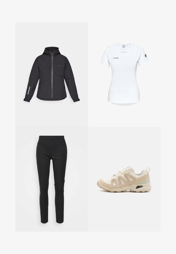 Black waterproof jacket with a hood, front zipper, two chest pockets, and side zip pockets. Features a logo printed on the sleeve.; Short-sleeve white athletic shirt with a round neckline, featuring a logo on the chest and a smooth, lightweight fabric texture.; Black athletic leggings with a high waistband, smooth texture, logo detail, and side panel accents for added visual interest.; Beige and cream athletic shoe with textured mesh upper, supportive overlays, and rubber outsole featuring a tread pattern for traction.