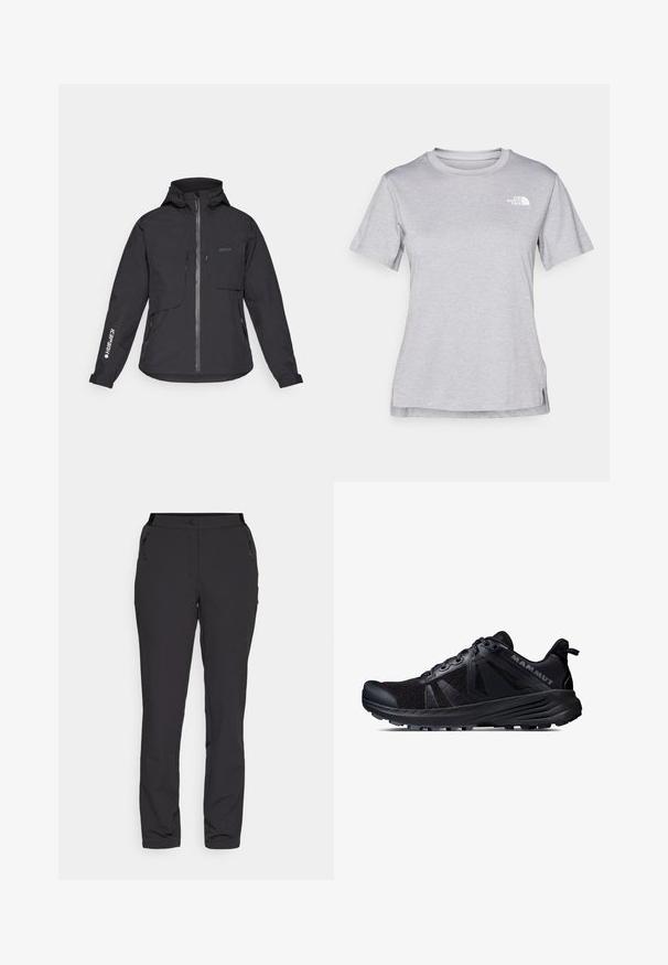 Svart vanntett jakke med hette, frontglidelås, to brystlommer og sidelommer med glidelås. Har en logo trykt på ermet.; Grå kortermet t-skjorte laget av myk, fukttransporterende stoff. Har en rund hals og en liten hvit logo på øvre venstre side.; Sorte utendørsbukser laget av lett stoff har en rett bendesign, glidelåslommer på siden og en justerbar midje.; Svart terrengløpesko med mesh-overdel og gummisåle. Har teksturerte overlegg, forsterket tåhette og merkevarelogo på hælen.