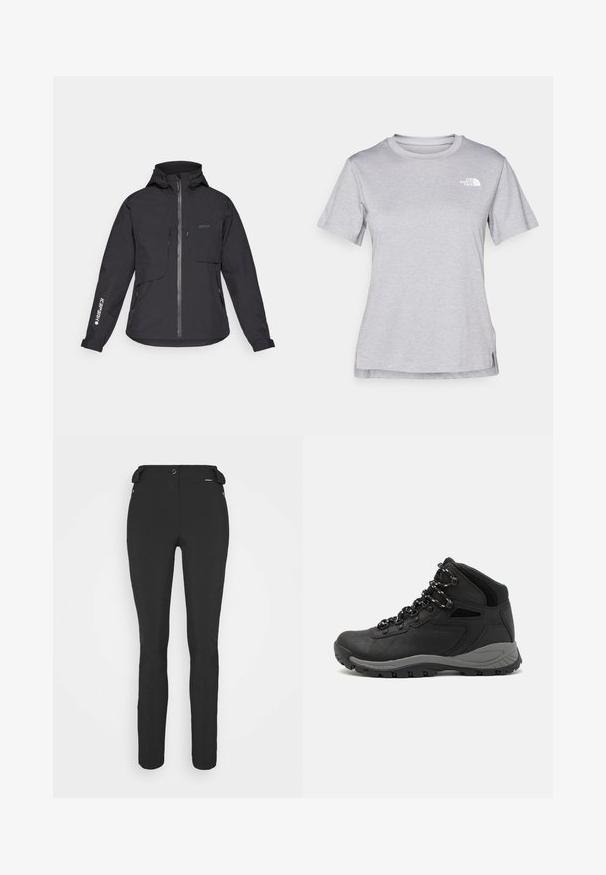 Must värvitu ja veekindel jakk kapuutsiga, esiluku, kahe rinnatasku ja küljetaskutega. Omab varrukal trükist logoga.; Hall juppuvarrega, pehmeast, niiskust eemaletõukavast kangast lühikeste varrukatega hall T-särk. Omab ümarat kaelust ning väikest valget logo vasakul ülal.; Mustad, hästi istuvad püksid, mis on valmistatud paindlikust materjalist. Omadusteks on lukuga küljetasku, artikeeritud põlved ja sile pind.; Mustarjaline matkasaabas, millel on keskmine disain, tekstuuriga ülemine osa, hallid aktsendid ja vastupidav kummist põhi, millel on haardelugesid.