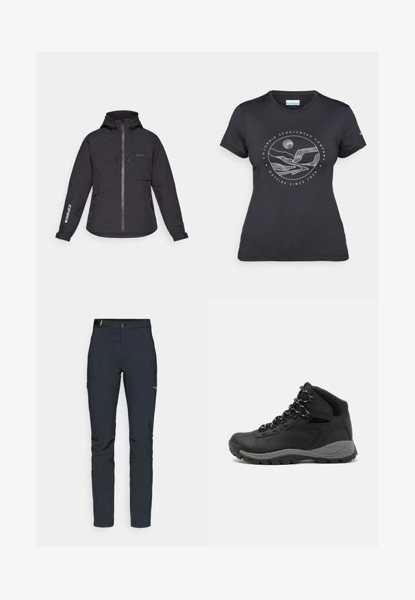 Černá voděodolná bunda s kapucí, předním zipem, dvěma náprsními kapsami a bočními zipovými kapsami. Obsahuje logo potisknuté na rukávu.; Černé tričko Columbia s bílým kruhovým uměleckým ztvárněním hor a řeky a textem "Columbia Sportswear Company Outside Since 1938."; Pánské outdoorové kalhoty, tmavě šedé, vyrobené z flexibilního materiálu, s pásem, zipovými kapsami a vyztuženým švem.; Černé turistické boty s mírně vyšším střihem, které mají texturovaný svršek, šedé detaily a odolnou gumovou podrážku s trakčními výstupky.