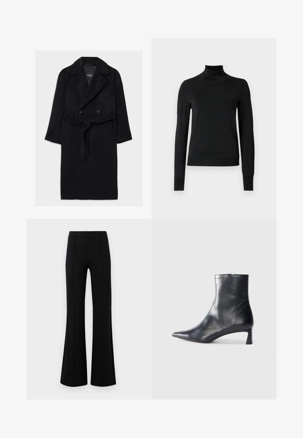 Zwarte wollen blend jas met een dubbele rij knopen, brede revers, een ceintuur in de taille, zijzakken en een gladde textuur.; Zwarte trui met lange mouwen en col, voorzien van geribde manchetten en zoom, weergegeven op een effen witte achtergrond.; Zwarte flared broeken met een hoge taille, gemaakt van rekbaar materiaal. Bevat verticale naden aan de voorkant en heeft een gladde textuur.; Zwarte leren enkellaars met een spitse neus en een slank ontwerp. Heeft een lage hak en een ritssluiting aan de achterkant. Gladde textuur.