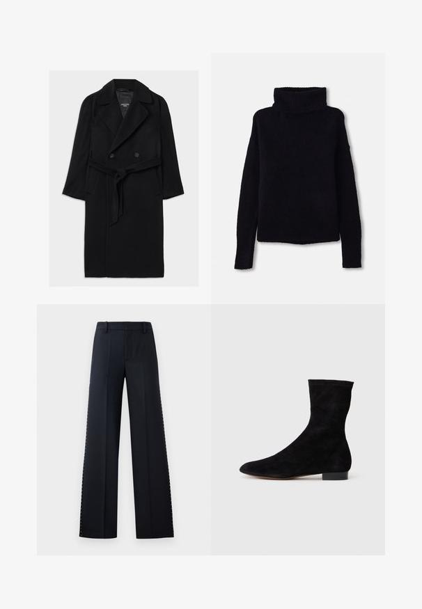 Must värviline villasegus mantel kahekordse nööbistamisega, laiad kraed, vööga talje, küljetaskud ja sile tekstuur.; Musthave mustrašna, paksu-kootud särk kõrgema ribatrellitröpsiga ja pikkade varrukatega. Pehme tekstuur, otsekas lõpp ja nähtavaid mustreid või kaunistusi pole.; Mustad püksid mustas värvitoonis. Kohandatud istuvus ja sile tekstuur. Küljelt ääre ääres on metallist nupud detailiks.; Musthave mustan nahast pahkluu saabas, millel on kitsas vars, terav nina ja madal plokk-konts. Pehme tekstuur ja minimalistlik disain, sobib mitmekesiseks stiliseerimiseks.