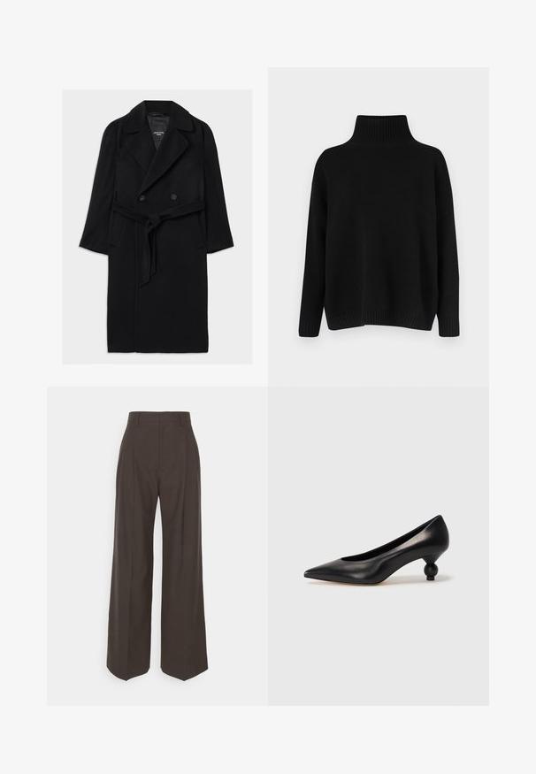 Black wool blend coat with a double-breasted design, wide lapels, belted waist, side pockets, and a smooth texture.; Black knitted sweater with a high ribbed collar, dropped shoulders, and a relaxed fit. Features ribbed cuffs and hem for texture.; Dark brown wide-leg trousers with a high waist, featuring neatly pressed creases, smooth texture, and a tailored fit.; Black leather high heel shoe with a pointed toe and a round, balled heel. Smooth texture with a sleek, minimal design.