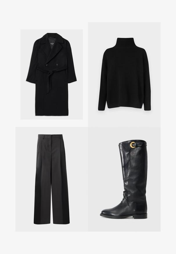 Musta villasekoitteen takki, jossa on tuplapainonappi, leveät läpät, vyötärölle sidottu vyö, sivutaskut ja sileä pinta.; Musta neulottu neulepaita, jossa on korkea resoripystykaulus, korotetut olkapäät ja rento leikkaus. Varustettu resorireunuksilla hihansuissa ja helmassa tuomaan tekstuuria.; Mustat, leveälahkeiset housut korkealla vyötäröllä, etupleiteillä, sileällä pinnalla ja huolitellulla viimeistelyllä. Suunniteltu rentoon istuvuuteen.; Musta nahkasaapas, joka ulottuu polveen, pyöristetyllä kärjellä, nauhoitettuna edestä, sivuosalla ja kullalla viimeistellyllä soljella ylhäällä. Sileä pinta.