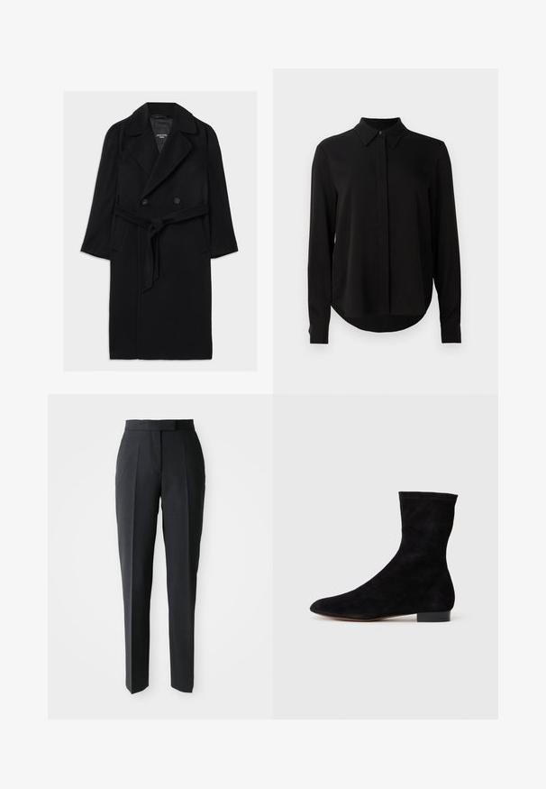 Zwarte wollen blend jas met een dubbele rij knopen, brede revers, een ceintuur in de taille, zijzakken en een gladde textuur.; Zwarte blouse met lange mouwen, spitse kraag, verborgen knoopsluiting en afgeronde zoom tegen een eenvoudige witte achtergrond.; Zwarte op maat gemaakte rechte broek met hoge taille en voorplooien, weergegeven op een effen lichte achtergrond.; Zwarte suède enkelboot met een aansluitende schacht, puntige neus en een lage blokhak. Gladde textuur en minimalistisch ontwerp, geschikt voor veelzijdige styling.