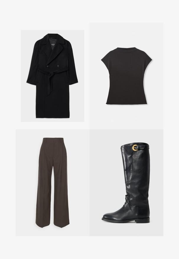 Fekete gyapjú keverék kabát, dupla gombolású kialakítással, széles gallérral, övvel meghúzott derékkal, oldalsó zsebekkel és sima felülettel.; Fekete, rövid ujjú felső magas nyakkal és laza szabással. Puha anyagból készült, sima tapintással. Nincsenek látható minták vagy grafikák.; Sötétbarna, bő szárú nadrág magas derékkal, tisztán vasalt redőkkel, sima textúrával és testhez simuló fazonnal.; Fekete bőrből készült, térd fölé érő csizma, lekerekített orral, fűzős elülső résszel, oldalsó díszítéssel és arany színű csattal a tetején. Simább textúra.