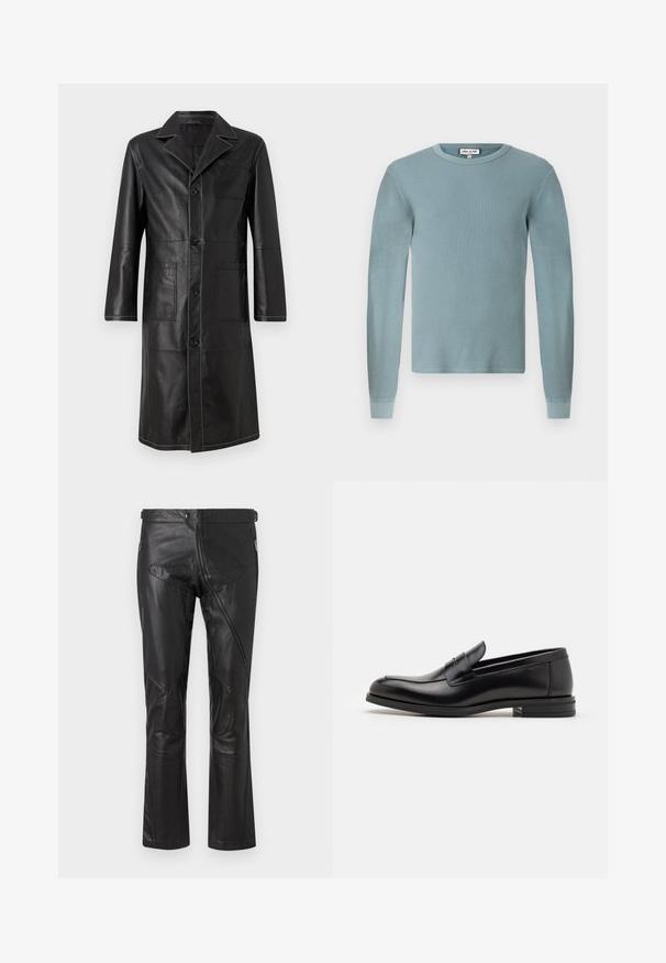 Černý kožený kabát s lichotivým střihem, vyhrazeným límcem, předními knoflíky a dvěma náprsními kapsami. Bílý steh zvýrazňuje švy.; Světle modrá košile s dlouhým rukávem, ribbenou texturou a kulatým výstřihem. Má přiléhavé manžety a jednoduchou značkovou etiketu na límci.; Černé kožené kalhoty se střihem rovného nohavice, vybavené kapsami na zip, kolenními záplatami a nastavitelnými detaily v pase. Hladká textura.; Černé kožené polobotky s hladkou texturou, zaoblenou špičkou a zdobným páskem přes nárt. Nízký stohovaný podpatek, minimalistický design.