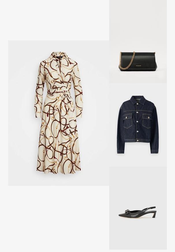 Dark blue denim jacket with a collared neck, button front, two chest pockets, and visible stitching details. Fitted design, long sleeves.; Wrap dress in cream fabric featuring a brown chain and strap pattern, with long sleeves, a collar, and a matching belt for closure.; Black leather slingback shoe with pointed toe, small heel, and decorative buckle detail on the upper. Smooth texture, minimalistic design.; Black leather clutch bag with a gold chain strap, featuring a smooth texture, rectangular shape, and embossed branding on the front.