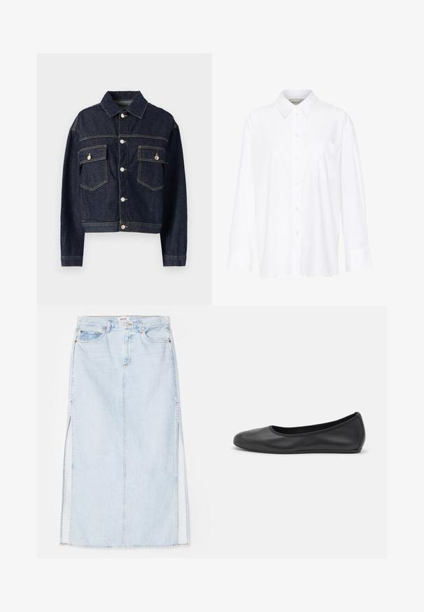 Tumedat sinine teksajakk, millel on krae, nööbid ees, kaks rinna taskut ja nähtavad õmbluse detailid. Kitsas disain, pikad varrukad.; Valge pika käisega krae särg, mis on valmistatud puuvillast. Omab nööbipaneeli esiosa ja ühte rinna taskut. Sujuv tekstuur, vabalt lõigatud.; Heledsinine denim maxi seelik sirge lõikega, millel on külgmised lõhed ja viie taskuga disain. Silmapaistev õmblus ja metallist nööp sulgemiseks.; Musthave mustika tantsutossud mustast nahast, ümmarguse varbaga, siledast tekstuurist, minimaalse õmblusdetailiga ja paindliku tallakujundusega.