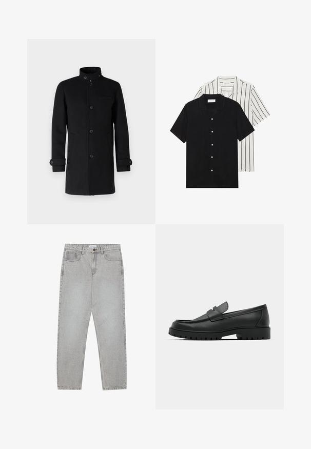 Abrigo de lana negro con un cuello alto, cierre de botones en el frontal, dos bolsillos laterales y un bolsillo en el pecho. Presenta detalles de puños abotonados.; Dos camisetas de manga corta: una de color negro sólido y otra blanca con rayas verticales negras. Ambas tienen cierre de botones y un cuello clásico.; Pantalones de mezclilla gris claro con un diseño de pierna recta, estilo de cinco bolsillos y cierre de botón. Costuras visibles a lo largo de las costuras.; Mocasines de cuero negro con punta redonda, que cuentan con un diseño cosido, suela de plataforma baja y una suela de goma texturada y con tacos.