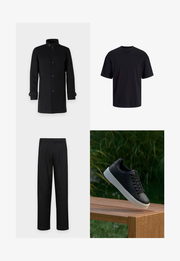 Cappotto di lana nera con colletto alto, chiusura frontale a bottoni, due tasche laterali e una tasca sul petto. Presenta dettagli con polsini a bottone.; T-shirt in cotone nero con collo rotondo, maniche corte e vestibilità morbida. Texture liscia senza pattern o dettagli visibili.; Pantaloni neri realizzati in tessuto liscio, caratterizzati da un taglio dritto, due pieghe frontali e una vita standard con passanti per la cintura.; Sneaker in pelle nera con una texture liscia, suola in gomma bianca e sei grommet per i lacci, posizionata su una superficie di legno.