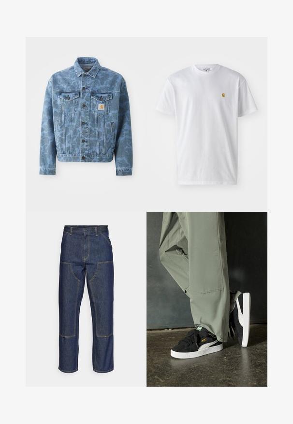 Denimjacka med ett blått kamouflage-mönster, två bröstfickor, metallknappar och en Carhartt-logotyp på vänster ficka.; Vit bomullströja med korta ärmar, rund halsringning, med en liten guldlogotyp på vänster bröstområde. Mjuk textur och vanlig passform.; Mörkblå denimjeans med hög midja, rak bendesign, kontrasterande sömmar och fickor på framsidan.; Svarta mockaskor med vita gummisulor och sidoväggar, kombinerade med ljusgröna cargobyxor, stående på en texturerad mörk yta.