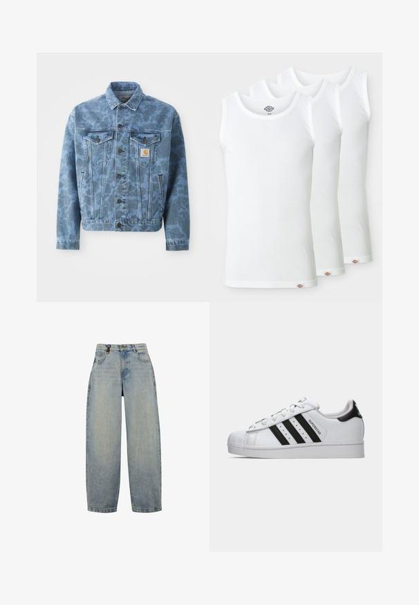 Denimjacke mit einem blauen Camouflagemuster, zwei Brusttaschen, Metallknöpfen und einem Carhartt-Logo-Patch auf der linken Tasche.; Drei weiße Tanktops aus geripptem Baumwollstoff. Jedes hat einen runden Halsausschnitt und ein kleines Logotag am Saum. Klassisches, einfaches Design.; Hellblaue Jeans aus Denim mit lässiger Passform, featuring eine hohe Taille, weite Beine, klassischen Fünf-Taschen-Design und Akzente aus Metall.; Weiße Adidas Superstar Sneaker mit schwarzen Streifen, charakteristischer Zehenkappe und "Superstar"-Schriftzug an der Seite, im linken Profil auf weißem Hintergrund gezeigt.