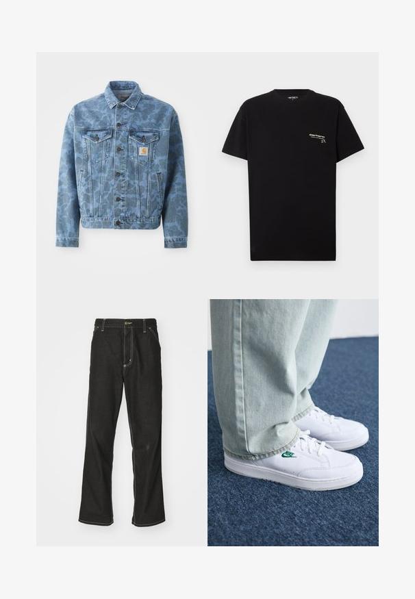 Giacca di jeans con un motivo camouflage blu, due tasche sul petto, bottoni metallici e un'etichetta con il logo Carhartt sulla tasca sinistra.; T-shirt di cotone nero con maniche corte, scollatura rotonda e un piccolo logo bianco stampato sulla zona sinistra del petto.; Jeans in denim nero con una vestibilità ampia, caratterizzati da cuciture bianche a contrasto, chiusura a bottone e un design a gamba dritta.; Sneakers in pelle bianca con logo Nike verde, punta rotonda, suola piatta, abbinati a pantaloni in denim azzurro, mostrati su un tappeto blu.