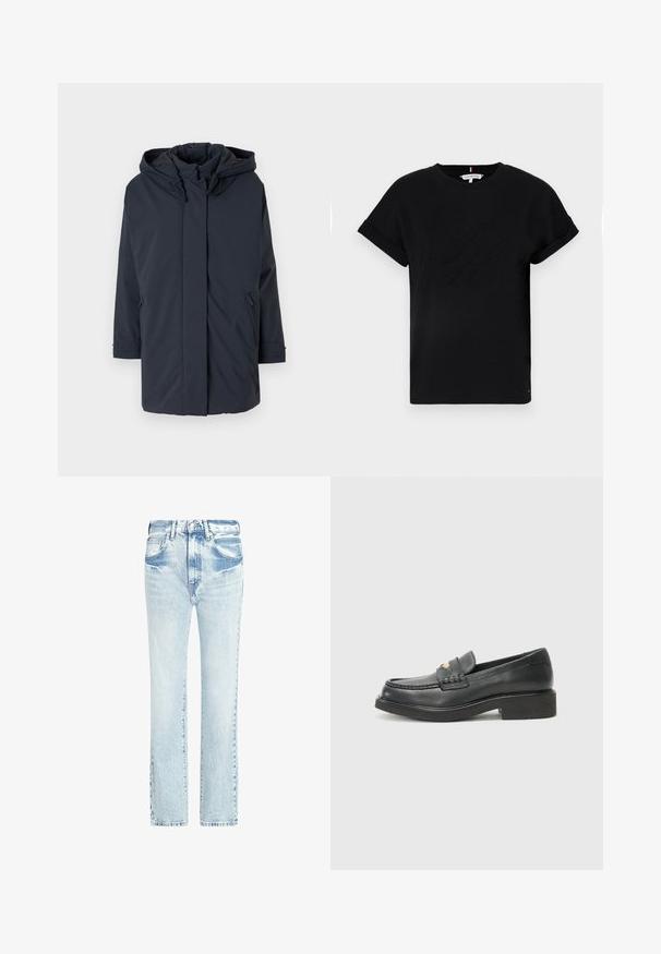 Marineblaue, gepolsterte Parkajacke mit Kapuze, langen Ärmeln, Reißverschluss vorne und seitlichen Taschen. Glattes Material ohne sichtbare Muster oder Akzente.; Schwarzes Baumwoll-T-Shirt mit umgeschlagenen kurzen Ärmeln, mit einem eingeprägten Logo in der Mitte und einem kleinen Flaggenakzent an der Seite.; Helle blaue Jeans aus Denim mit geradem Bein, fünf Taschen und einem abgenutzten Textur. Merkmale sind sichtbare Nähte und ein klassischer Knopfverschluss.; Schwarze Lederloafer mit einem geflochtenen Akzent am Blatt, einem goldenen Logo-Detail und einer stabilen schwarzen Gummisohle. Glatte Textur mit leichtem Glanz.