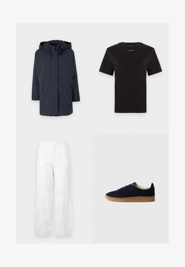 Jachetă parka căptușită de culoare bleumarin, cu glugă, mâneci lungi, fermoar frontal și buzunare laterale. Material neted fără modele sau accente vizibile.; Tricou negru din bumbac, cu mâneci scurte, gât rotund și un mic logo alb "Calvin Klein" pe piept. Textură netedă, croială clasică.; Pantaloni albi cu croială largă, fabricați dintr-un material ușor, având o textură netedă, linii curate și un design cu talie înaltă.; Pantof sport din piele întoarsă bleumarin cu talpă din cauciuc gumă, șireturi albastre și design minimalist. Prezintă un logo în relief pe lateral și o căptușeală interioară netedă.