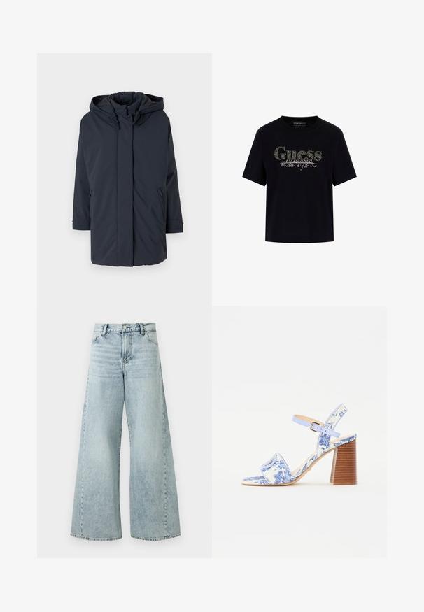 Parka blu navy, imbottita, con cappuccio, maniche lunghe, chiusura frontale con zip e tasche laterali. Tessuto liscio senza motivi o accenti visibili.; T-shirt nera in cotone con scollo rotondo e maniche corte. Presenta un logo glitterato "Guess" e la scritta "Established Nineteen Eighty One".; Jeans in denim azzurro chiaro a gamba larga con vita alta, dotati di chiusura a bottone, cinque tasche e dettagli con orlo sfilacciato.; Sandal con stampa floreale blu, con punta quadrata, una larga fascia e una cinghia alla caviglia regolabile, dotata di un tacco a blocco in legno texturizzato.