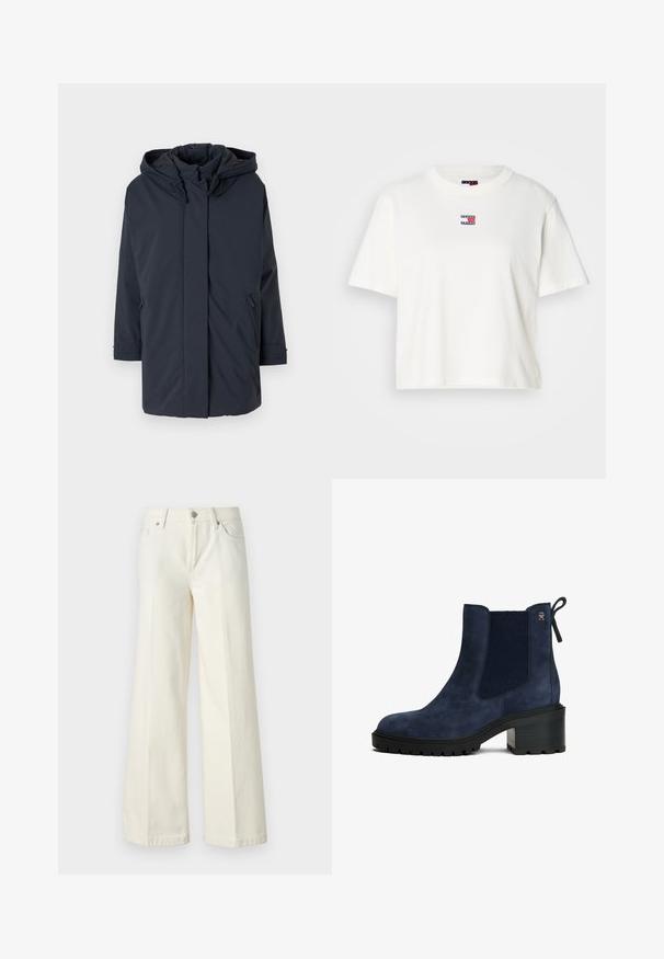 Marineblaue, gepolsterte Parkajacke mit Kapuze, langen Ärmeln, Reißverschluss vorne und seitlichen Taschen. Glattes Material ohne sichtbare Muster oder Akzente.; Weißes Baumwoll-T-Shirt mit Rundhalsausschnitt und kurzen Ärmeln. Besitzt ein kleines farbiges Logo-Patch mit roten, blauen und weißen Akzenten auf der Brust.; Weite weiße Jeans aus einem Baumwollmischgewebe. Verfügt über einen Reißverschluss, ein Fünf-Taschen-Design und Nähte entlang der Säume.; Marinefarbene Knöchelstiefel aus Wildleder mit elastischen Seitenpaneelen, einer strukturierten Ferse, Gummisohle und Zuglasche, ausgestattet mit einem dezenten Logoakzent.