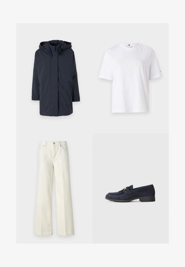 Parka blu navy, imbottita, con cappuccio, maniche lunghe, chiusura frontale con zip e tasche laterali. Tessuto liscio senza motivi o accenti visibili.; T-shirt bianco in cotone con scollo rotondo, maniche corte e un discreto logo giallo che recita "HILFIGER NEW YORK 1985." Vestibilità standard.; Jeans bianchi a gamba larga realizzati in tessuto misto cotone. Presentano una chiusura lampo, design a cinque tasche e cuciture lungo le cuciture.; Mocassini in suede blu navy con tacco nero basso, caratterizzati da un dettaglio decorativo in oro sulla parte anteriore e un design a punta arrotondata.