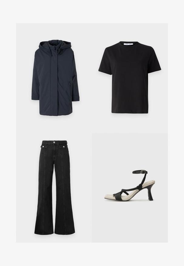 Parka de color azul marino, acolchada, con capucha, mangas largas, cierre frontal y bolsillos laterales. Tejido suave sin patrones ni acentos visibles.; Camiseta negra de manga corta hecha de algodón suave, con un cuello redondo, corte relajado y una textura lisa. Sin patrones ni gráficos visibles.; Jeans acampanados de mezclilla negra con cintura alta, que cuentan con dos bolsillos frontales, herrajes en tono plateado y detalles de costura visibles en la parte delantera.; Sanda¡ía de tacón negro con diseño de tira trenzada, punta cuadrada y correa ajustable en el tobillo. Plantilla de color beige claro con un tacón negro brillante.