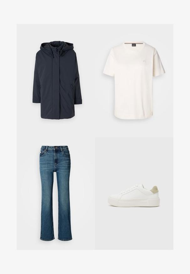 Temno modra, podložena parka jakna s kapuco, dolgimi rokavi, sprednjim zadrgo in stranskimi žepi. Gladka tkanina brez vidnih vzorcev ali dodatkov.; Bela bombažna majica s kratkimi rokavi, okrogel izrez in majhnim logotipom na prsih. Gladka textura in ravni rob.; Visoko pasne modre jeans hlače iz denima, s straight leg dizajnom, rahlim bledenjem in standardnim gumbom ter zadrgo.; Bela tene s športnim zgornjim delom iz gladke usnje, svetlo siva aneks na peti iz semiša in masiven bel gumijast podplat. Ponuja sistem zavezovanja.