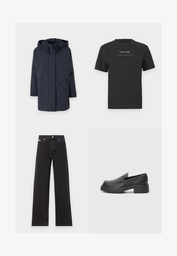 Parka blu navy, imbottita, con cappuccio, maniche lunghe, chiusura frontale con zip e tasche laterali. Tessuto liscio senza motivi o accenti visibili.; T-shirt in cotone nero con scollo rotondo, maniche corte e logo stampato bianco "Calvin Klein" insieme al testo "Established 1968".; Jeans neri a gamba larga in denim, con vita alta, styling a cinque tasche e chiusura con bottone metallico e cuciture a contrasto.; Mocassini in pelle nera con punta arrotondata, suola spessa e testurizzata, e minime cuciture. Design elegante senza lacci o parti metalliche visibili.