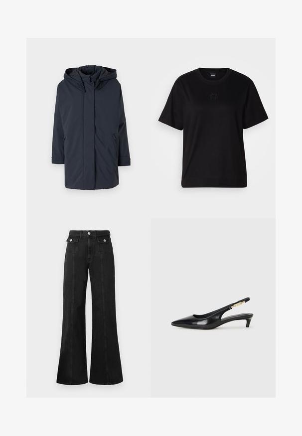 Jachetă parka căptușită de culoare bleumarin, cu glugă, mâneci lungi, fermoar frontal și buzunare laterale. Material neted fără modele sau accente vizibile.; T-shirt negru din bumbac, cu guler rotund, mâneci scurte și un logo brodat pe piept. Design simplu, cu o croială relaxată și fără modele.; Jeans flared din denim negru cu talie înaltă, având două buzunare frontale, detalii din metal argintiu și cusături vizibile pe față.; Sandale slingback din piele neagră cu vârf ascuțit, având un toc subțire și un accent de culoare aurie pe curea ajustabilă. Textură netedă.