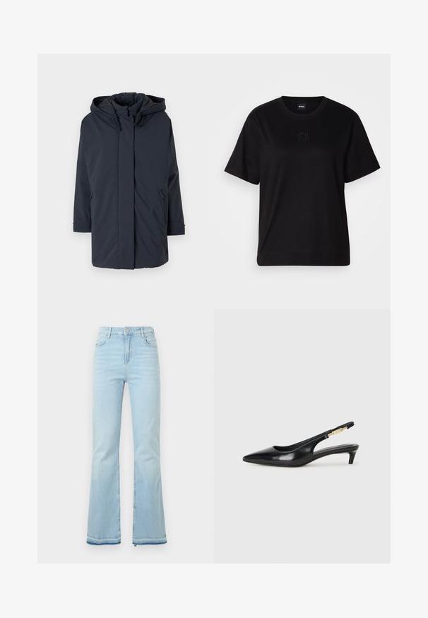 Marinblå, vadderad parkajacka med huva, långa ärmar, framdragkedja och sidofickor. Slät tyg utan synliga mönster eller detaljer.; Svart bomullströja med rund halsringning, korta ärmar och en broderad logotyp på bröstet. Enkel, avslappnad passform utan mönster.; Ljusblå utsvängda jeans i denim med hög midja, framfickor och rå kant vid bensluten för en avslappnad stil.; Svart läder slingback-hälar med spetsig tå, med en smal klack och en guldtonad detalj på den justerbara remmen. Slät textur.