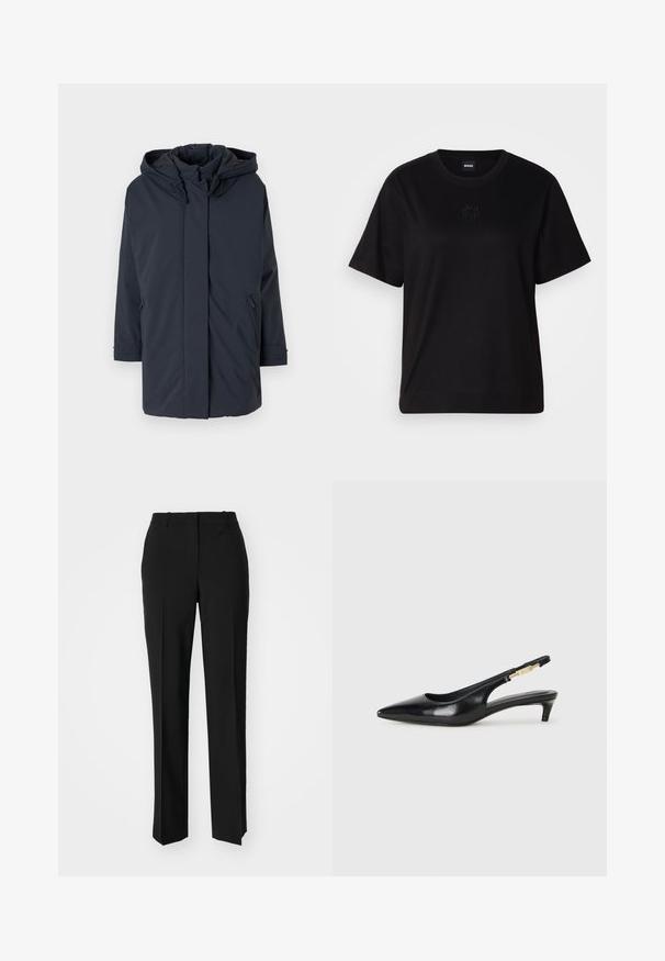 Parka de color azul marino, acolchada, con capucha, mangas largas, cierre frontal y bolsillos laterales. Tejido suave sin patrones ni acentos visibles.; Camiseta de algodón negra con cuello redondo, mangas cortas y un logo bordado en el pecho. Ajuste simple y relajado sin patrones.; Pantalones negros ajustados con un diseño de pierna recta, que presentan una textura suave y pliegues nítidos en el frente. Sin herrajes visibles.; Tacones negros de piel sintética tipo slingback con punta afilada, que cuentan con un tacón delgado y un detalle en tono dorado en la correa ajustable. Textura suave.