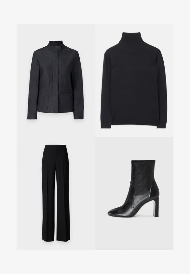 Mörkgrå jacka med ståkrage, två framfickor och en ren design. Tillverkad av strukturerad tyg, vilket ger ett minimalistiskt utseende.; Svart polotröja i mjukt tyg. Har långa ärmar, hög krage och ribbade ärmar och nederkant för en figurnära look.; Svarta vida byxor med en slät textur, med hög midja och centrala veck. Inga synliga mönster eller hårdvarudetaljer.; Svart läderankelhögt med en stilren design, spetstå och hög blockklack. Har en slät yta och minimalistisk sömdetalj.