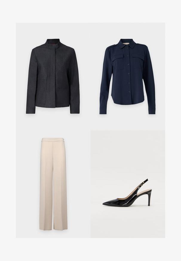Tamsiai pilkas švarkas su aukštu apykakle, dviem priekinėmis kišenėmis ir tvarkinga išvaizda. Pagamintas iš tekstūruotos medžiagos, suteikiančios minimalistinį stilių.; Tamsiai mėlynas mygtukinis marškinis, pagamintas iš minkštos medžiagos. Yra dvi krūtinės kišenės, pečių epauletai ir ilgomis rankovėmis su mygtukais.; Šviesiai rudos spalvos plačios kelnės iš lygaus audinio, su aukštu liemeniu ir subtiliomis priekinėmis raukiėmis. Be kišenių ar matomų detalių.; Juodas lakinės odos slingback batelis su smailiu nosiu, plonu kulnu ir subtiliu išpjovos dizainu. Yra auksinė sagtis ant dirželio.