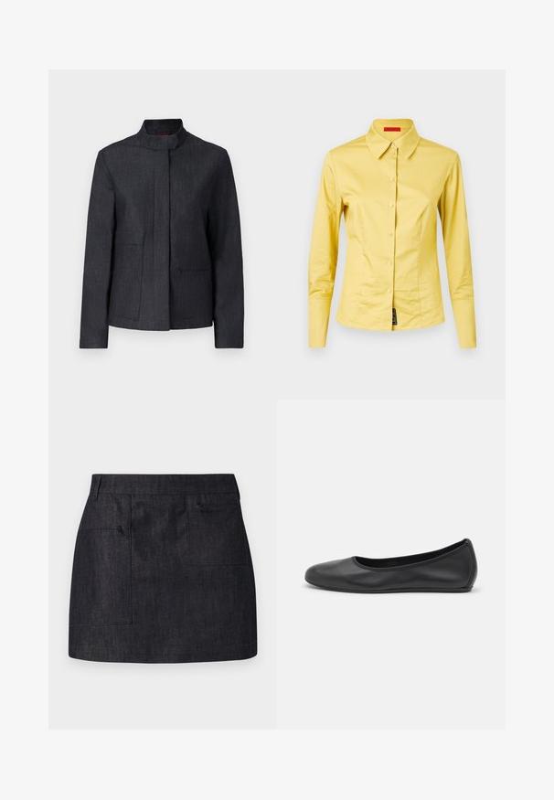 Tumši pelēks jaka ar stāvošu apkakli, divām priekšējām kabatām un vienkāršu dizainu. Izgatavota no strukturētas auduma, piedāvājot minimālistisku izskatu.; Ilgi piedurkņu dzeltena pogkrekla ar izteiktu apkakli, gluda auduma un melnas etiķetes detaļa apakšējā kreisajā stūrī.; Tumša džinsa svārki ar taisnu griezumu, piedāvājot divas priekšējās kabatas un smalku tekstūru. Tīrs apakšmalas dizains un standarta josta.; Melna ādas baleta kurpe ar noapaļotu purngalu, gludu tekstūru, minimālu šuvju detalizāciju un elastīgu zoles dizainu.