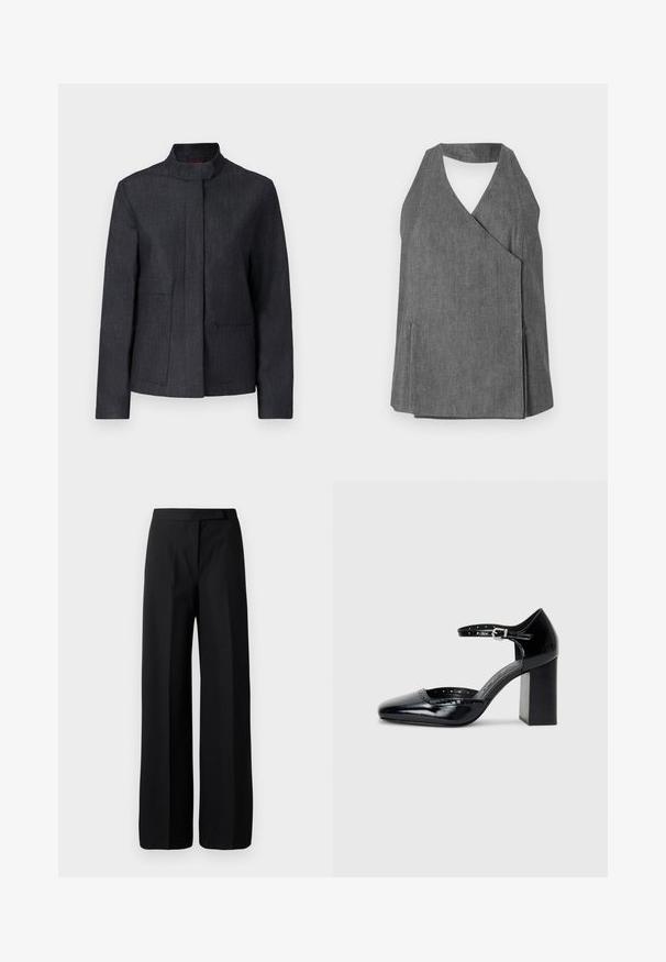 Mørkegrå jakke med ståkrage, to frontlommer og et rent design. Laget av teksturert stoff, som gir et minimalistisk utseende.; Grå denim halterneck topp med en omslagsdesign, som har V-hals og sideåpninger. Jevn tekstur med subtile sømdetaljer.; Bredde ben sorte bukser med en glat, mat tekstur. Flad talje med ingen synlige hardware eller mønstre. Enkel og elegant design.; Sorte lakk lær høye hæler med firkantet tå, ankelrem og chunky hæl. Inkluderer perforerte detaljer langs kanten.