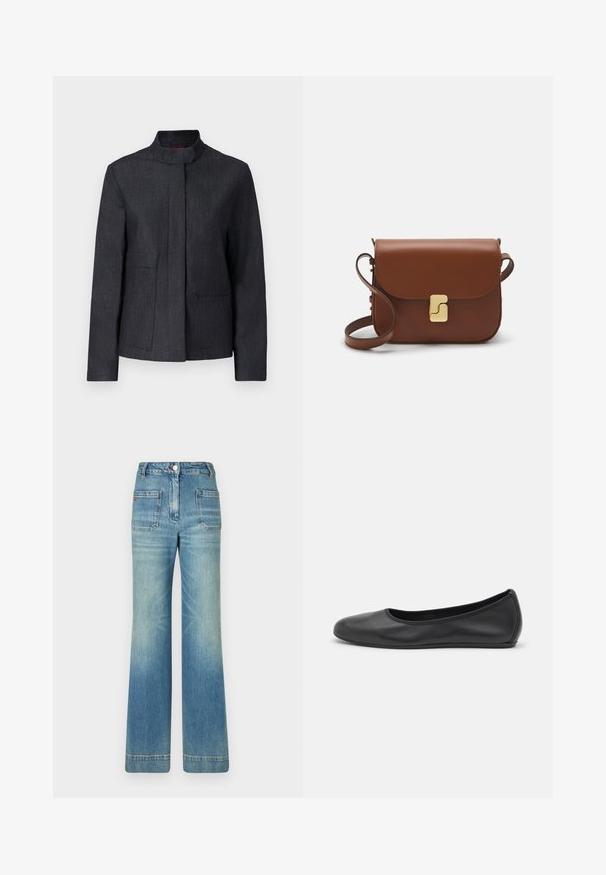 Tamno siva jakna s uspravnim ovratnikom, dva prednja džepa i čistim dizajnom. Izrađena je od teksturiranog materijala koji pruža minimalistički izgled.; Bijela majica s kratkim rukavima izrađena od rebraste tkanine. Okrugli izrez, klasičan kroj i suptilni detalji šivanja. Bez uzoraka ili grafika.; Svijetloplave traperice s flare krojem, pet džepova, petljama za pojas, zatvaranjem na gumb i blago izblijedjelom teksturom, s detaljem crvenog loga na stražnjoj strani.; Crne kožne baletanke s zaobljenim vrhom, glatke teksture, minimalnim detaljima šavova i fleksibilnim dizajnom potplata.; Smeđa kožna torba s preklopom, zlatnim detaljima, remenom za nošenje preko ramena i glatkom teksturom. Kompaktni pravokutni oblik.