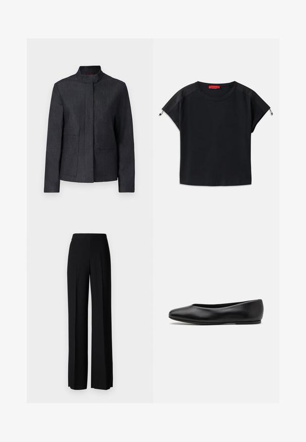 Tamsiai pilkas švarkas su aukštu apykakle, dviem priekinėmis kišenėmis ir tvarkinga išvaizda. Pagamintas iš tekstūruotos medžiagos, suteikiančios minimalistinį stilių.; Juodas trumpas marškinėlis su apvaliu kaklu. Pagamintas iš minkštos medžiagos su satino detalėmis ant pečių ir raištelių akcentais ant rankovių.; Juodi platūs kelnių kelnės su lygiu paviršiumi, turinčios aukštą liemenį ir centrinės raukšlės. Nėra matomų raštų ar metalinių detalių.; Paul Smith TOPANGA - Balerinos stiliaus laivutės - black