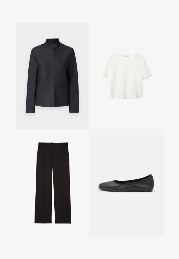 Tumma harmaa takki, jossa on pystykaulus, kaksi etutaskua ja siisti muotoilu. Valmistettu teksturoidusta kankaasta, joka tarjoaa minimalistisen ilmeen.; Valkoinen lyhythihainen T-paita, joka on tehty puuvillasta. Siinä on pyöreä kaula-aukko ja rento malli. Silkkinen pinta ilman näkyviä kuvioita tai koristeita.; Mustat räätälöidyt housut, jotka on valmistettu sileästä kankaasta. Housuissa on suora lahje ja kaksi sivutaskua. Elegantti ja minimalistinen rakenne.; Musta nahkainen ballerina, jossa on pyöristetty kärki, sileä pinta, minimaalinen ommelkoristelu ja joustava pohjamuotoilu.