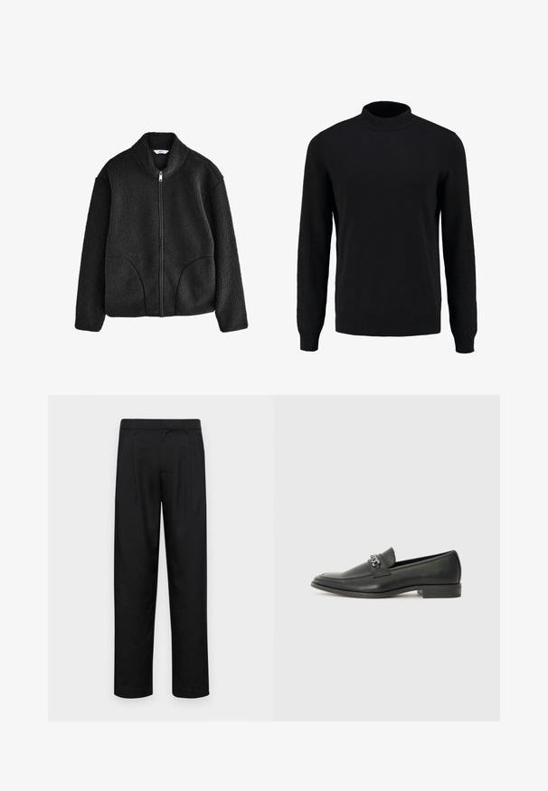 Zwarte fleecjack met hoge kraag, volledige rits aan de voorkant en twee zijzakken. Geweven stof met een zachte, pluizige textuur.; Zwarte gebreide trui met een hoge kraag, lange mouwen en geribde manchetten en zoom, met een gladde textuur en een klassieke silhoeet.; Zwarte broeken van gladde stof, met een recht model, twee voorknikken en een standaard tailleband met riemlussen.; Zwarte leren instapper met een gladde afwerking, voorzien van een gestikt ontwerp en een decoratieve metalen kettingaccent over de wreef. Platte hak.