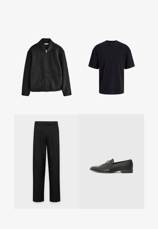 Fekete bolyhos dzseki magas gallérral, teljes elülső cipzárral és két oldalsó zsebbel. Texturált anyag, amely puha, plüss érzetű.; Fekete pamut póló, kerek nyakkivágással, rövid ujjú és laza fazonú. Simább anyagú, látható minták vagy díszítések nélkül.; Fekete nadrág sima anyagból, egyenes szárú fazonnal, két elülső redővel és közönséges derékkal, övhurkokkal.; Fekete bőr loaferek sima felülettel, varrott mintával és díszítő fém lánccal a cipő elején. Lapos sarok.
