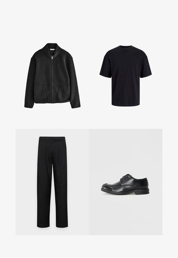 Chaqueta de forro polar negra con cuello alto, cremallera frontal completa y dos bolsillos laterales. Tejido texturizado con una sensación suave y esponjosa.; Camiseta de algodón negra con cuello redondo, mangas cortas y un ajuste relajado. Textura suave y sin patrones ni acentos visibles.; Pantalones negros de tela suave, con un diseño de pierna recta, dos pliegues frontales y una cintura estándar con trabillas para el cinturón.; Zapatos de cuero negro con cordones y puntera redondeada, de textura suave y tacón bajo. Presentan detalles de costura a lo largo de la parte superior y los lados.