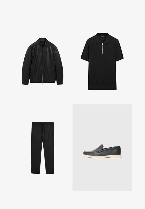 Schwarze Lederjacke mit Reißverschluss und Stehkragen, ausgestattet mit zwei Seitentaschen, gestaltet mit glattem und mattem Leder.; Schwarzes kurzärmliges Poloshirt mit Stehkragen und einem Reißverschluss vorne. Hergestellt aus einem glatten Stoff mit einem klaren, minimalistischen Design.; Massimo Dutti JOGGER FIT - Stoffhose - black; Schwarze Leder-Slipper mit strukturiertem Finish und einer kontrastierenden beige Gummisohle. Mit einem dezenten Akzent an der Vorderseite.