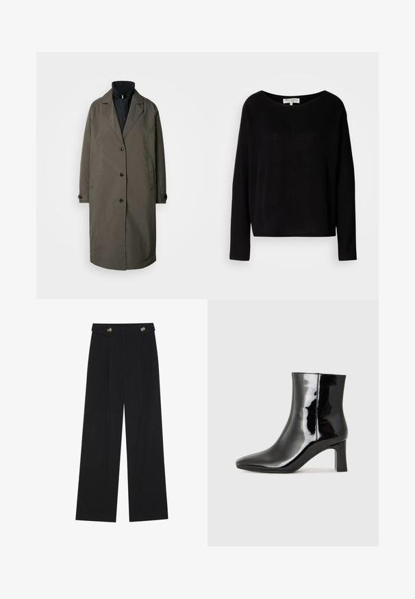 Mørk olivengrøn trenchcoat med en notched krave, fem frontknapper og to sidelommer. Struktureret stof, mellemlang design.; Sort langærmet skjorte lavet af blødt materiale, med en bred rund halsudskæring og en afslappet pasform, uden synlige mønstre eller hardware.; Sorte vide bukser med høj talje, knapdetaljer på taljebåndet og frontfald.; Sort lakeret ankelstøvle med spids tå og en midt-højde blokhæl. Glat tekstur og minimalistisk design.