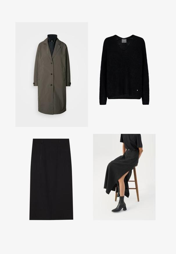 Trench coat verde oliva oscuro con cuello de muesca, cinco botones frontales y dos bolsillos laterales. Tela texturizada, diseño de longitud media.; Suéter negro de punto con cuello en V y mangas largas. Presenta un ajuste holgado y un pequeño logo metálico en la parte inferior izquierda.; Falda lápiz negra hasta la rodilla hecha de tela suave. Presenta un diseño limpio con dos costuras frontales y un cierre oculto en la parte posterior.; Falda maxi de lino negra con una abertura alta, combinada con una camiseta negra y botines negros. Diseño minimalista con un ajuste relajado.