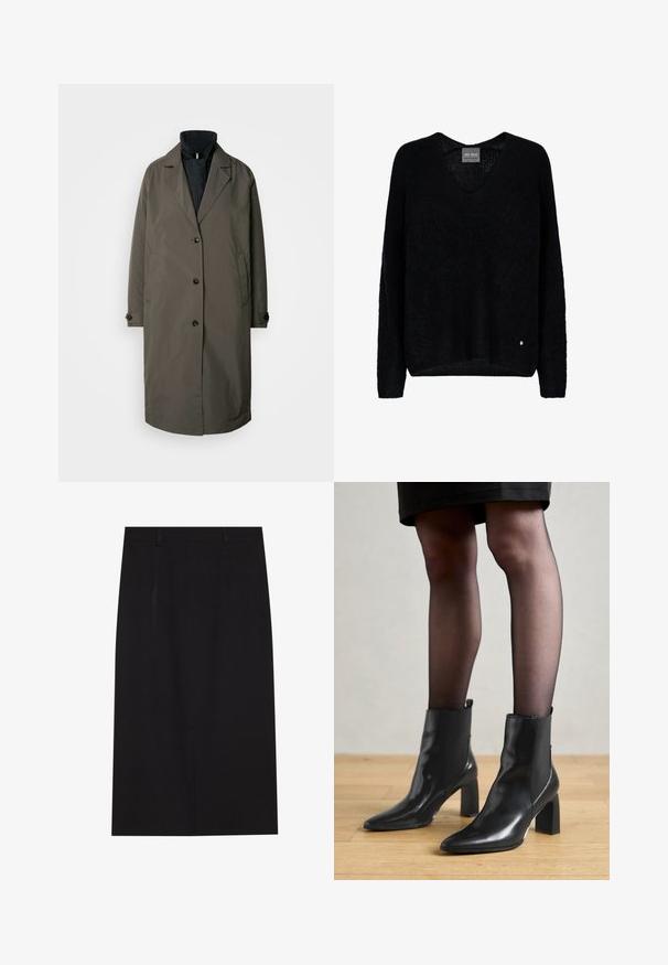 Tamno maslinasto zelena trench kaput s okovratnikom, pet prednjih dugmadi i dva bočna džepa. Teksturirana tkanina, dužina do polu.; Crni pleteni pulover s V-izrezom i dugim rukavima. Ima opušteni kroj i mali metalni logo naglasak na donjoj lijevoj strani.; Crna olovka suknja do koljena izrađena od glatkog materijala. Značajka je čist dizajn s dvije prednje šave i skrivenim patentnim zatvaračem na stražnjoj strani.; Crne kožne gležnjače s šiljastim vrhom, robusnim četvrtastim potplatom i elegantnim dizajnom. Imaju elastične bočne panele za jednostavno oblačenje.