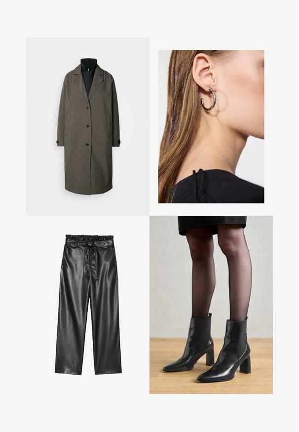 Mørk olivengrøn trenchcoat med en notched krave, fem frontknapper og to sidelommer. Struktureret stof, mellemlang design.; Sort, strikket sweater med V-udskæring og lange ærmer. Har en afslappet pasform og et lille metal logo-accents på nederste venstre side.; Sorte faux læder bukser med bred ben, elastisk, flæset talje og en aftagelig bælte. Glat tekstur og minimal glans.; Sorte læderankelstøvler med spids tå, kraftig firkantet hæl og slankt design. Har elastiske sidepaneler for nem påtagning.; Sølv hoop ørestik med en poleret overflade, prydet med små guld accenter og en rund form, båret på øreflippen.