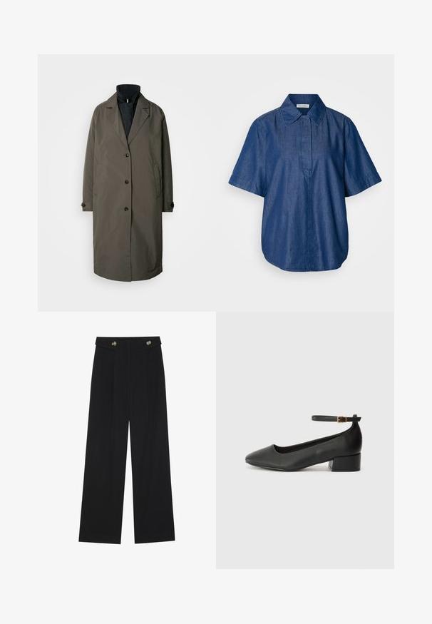 Dunkelolivgrüner Trenchcoat mit eingekerbtem Kragen, fünf vorderen Knöpfen und zwei Seitentaschen. Strukturierter Stoff, mittellanges Design.; Dunkelblaues Denim-Hemd mit kurzen Ärmeln, klassischem Kragen, lockerer Passform und einer Frontleiste ohne sichtbare Verschlüsse. Glatte Textur.; Schwarze weite Hosen mit hoher Taille, Knopfdetails am Bund und vorderen Falten.; Schwarze Lederpumps mit spitzem Zehenbereich und niedrigem Blockabsatz. Mit einem Knöchelriemen und einer goldfarbenen Schnalle. Glatte Textur.