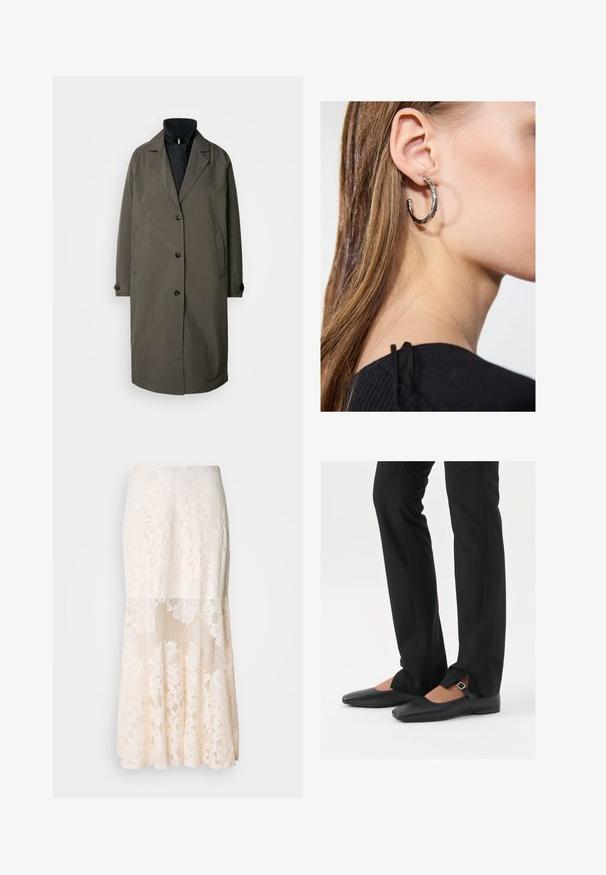 Tume oliivroheline trench coat, millel on lõigatud krae, viis esistuppa nupud ja kaks küljetaskut. Tekstuuriga kangas, keskpikkune disain.; Musta tanktop, mis on valmistatud pehmest ja venivast materjalist. Omab ümmargust kaelust ja laiu õlapaelu, ning sellel on voolav siluett ja sile tekstuur.; Kreemikas lilleline pitsi midi seelik; sisaldab kihilise kujunduse, läbipaistvate osade, tekstureeritud pitsi ja laienevat hemmi.; Mustadast mustast nahast balletkingad terava ninaga, millel on rihm hõbedase klambriga, kokku sobitatud mustade ülikondpükstega, millel on lõhiku serv.; Hõbedane rõngas kõrvarõngas poleeritud viimistlusega, millel on väikesed kuldsed aktsendid ja ümmargune kuju, kantud lobus.