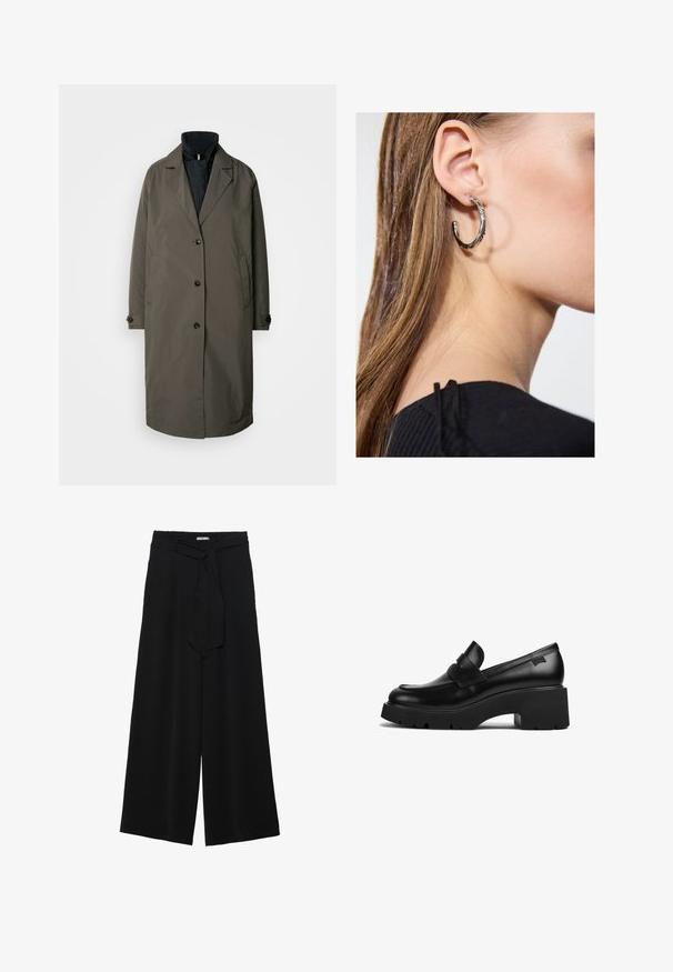 Dark olive green trench coat with a notched collar, five front buttons, and two side pockets. Textured fabric, mid-length design.; Black tank top made from soft, stretchy fabric. Features a round neckline and wide shoulder straps, with a fitted silhouette and smooth texture.; Black wide-leg pants featuring a textured fabric, an elastic waistband, and a detachable sash tie at the waist for adjustable fit.; Black leather chunky-heeled loafer with thick sole and a strap detail across the top, shown from the side on a white background.; Silver hoop earring with a polished finish, featuring small gold accent details and a round shape, worn on the lobe.