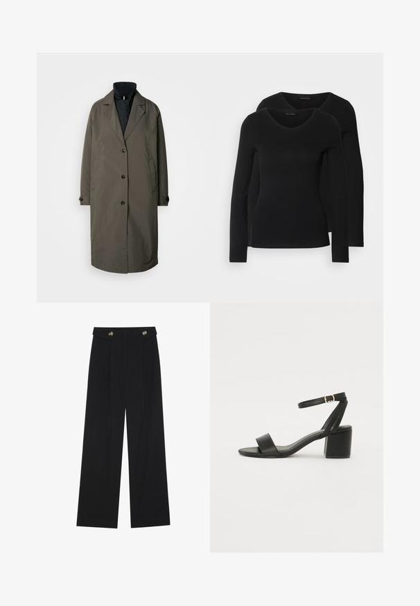 Dark olive green trench coat with a notched collar, five front buttons, and two side pockets. Textured fabric, mid-length design.; Two black long-sleeve shirts with a V-neck design, made of soft, stretchy fabric, showing smooth texture and a fitted shape.; Black wide-leg trousers with high waist, button details on waistband, and front pleats.; Black heeled sandal featuring a smooth leather upper, an open toe, wide front straps, and adjustable ankle strap with a gold buckle detail.
